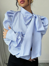 Bow Tie Accent Gigot Sleeve Striped Casual Shirt